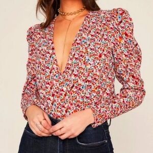 AFRM Red Ditsy Floral Print Long Sleev Bodysuit, Size S